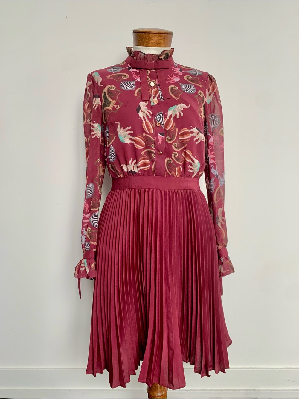 Ted Baker Berry Floral Pleated Long-Sleeve Midi Dress
